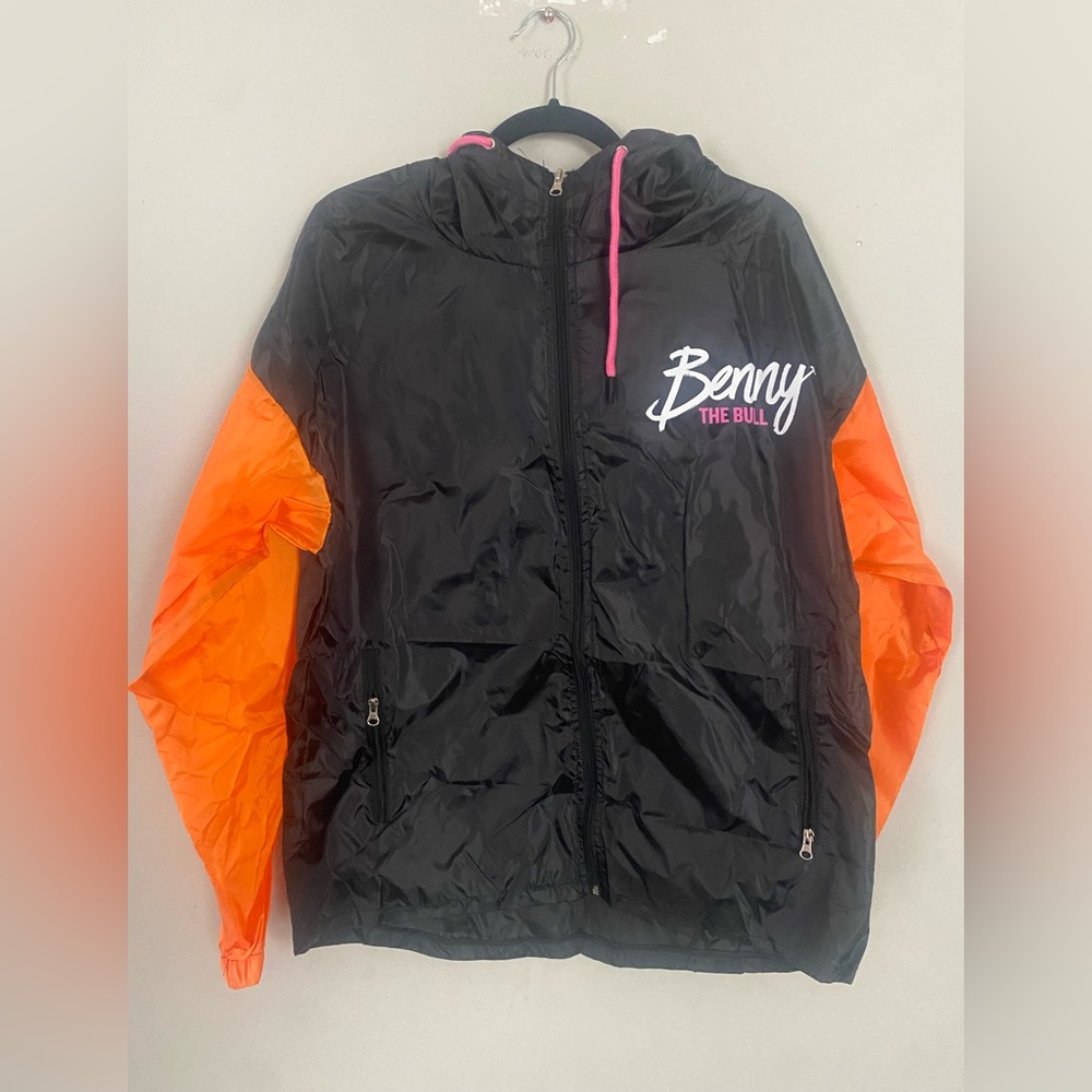 Benny the Bull Women's Black Windbreaker Jacket with Orange Sleeves